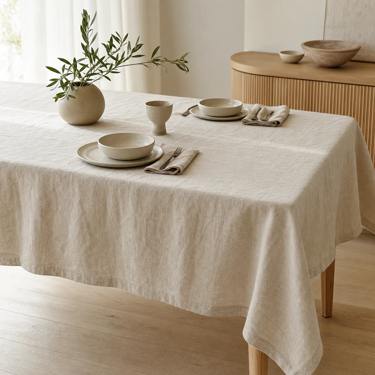 Stonewashed linen tablecloth styled on a warm, coastal dining table